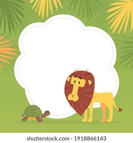 Cute Funny African Animals Banner Template with Space for Text, Cover, Poster, Invitation Card, Flyer Design Template with Lion and Turtle Vector Illustration
