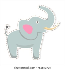 Cute funny african elephant with tusks and raised trunk vector flat cartoon sticker or icon outlined with dotted line isolated on white. Wild animal illustration for game counters, price tags
