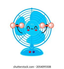 Cute funny air fan character with dumbbells. Vector hand drawn cartoon kawaii character illustration icon. Isolated on white background. Air fan character gym concept