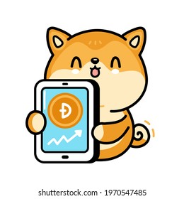 Cute funny akita inu dog with Dogecoin in smartphone character. Vector hand drawn cartoon kawaii character illustration. Isolated on white background. Cryptocurrency, dogecoin grow doodle character