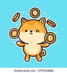 Cute funny akita inu dog juggle gold Dogecoin coins character. Vector hand drawn cartoon kawaii character illustration. Crypto currency, dogecoin digital money character concept