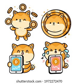 Cute funny akita inu dog with Dogecoin character. Vector hand drawn cartoon kawaii character illustration. Crypto currency, dogecoin up and falling in charts  character svg