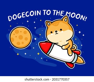 Cute funny akita inu dog Dogecoin character fly on rocket to moon. Dogecoin to the moon slogan Vector hand drawn cartoon kawaii character illustration. Doge coin, rocket up cartoon character concept
