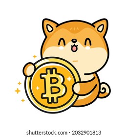 Cute funny akita inu dog with bitcoin coin.Vector hand drawn cartoon kawaii character illustration.Crypto currency, dogecoin,bitcoin coin,alita inu dog logo,mascot art doodle cartoon character concept