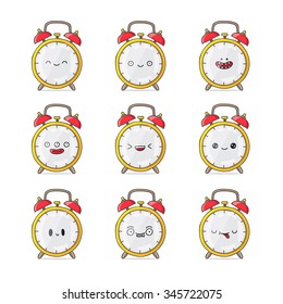 Cute and funny alarm clocks with different emotions. Vector colored icons on a white background.