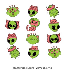 Cute Funny Alien Cat Character Design Doodle Sticker Pack