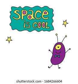 Cute funny alien. Design element, icon on the theme of UFO, space. Doodles color vector illustration