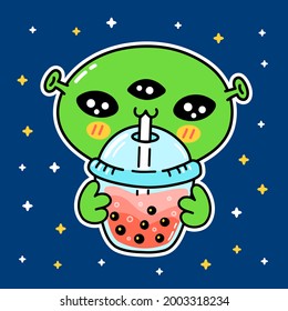 Cute funny alien drink bubble tea from cup. Vector hand drawn cartoon kawaii character illustration sticker logo icon. Asian boba, bubble tea drink cartoon character logo poster concept