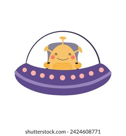 Cute funny alien in flying saucer, UFO cartoon character illustration. Hand drawn Scandinavian style flat design, isolated vector. Kids print element, space adventure, travel, science fiction, cosmos