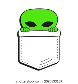 Cute funny alien hide in pocket t-shirt print.Vector cartoon doodle line style character logo illustration design.Isolated on white background. Funny alien print for pocket t-shirt,clothing concept