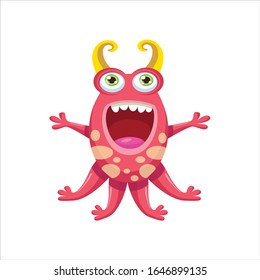 Cute Funny Alien Monster Vector Illustration. Cartoon Mascot On A White Background. Design for print, party decoration, t-shirt, illustration, logo, emblem or sticker