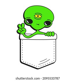 Cute funny alien in pocket t-shirt print.Vector cartoon doodle line style character logo illustration design.Isolated on white background. Funny alien print for pocket t-shirt,clothing concept