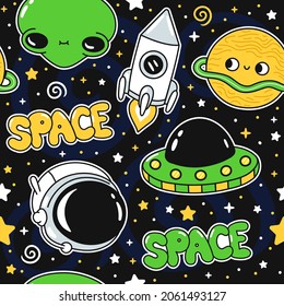 Cute funny alien,astronaut,cosmos,space seamless pattern. Vector doodle line cartoon kawaii character illustration icon. Ufo,flying saucer,astronaut,alien,planet,space,cosmic child seamless pattern