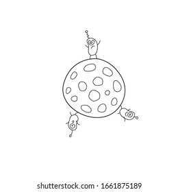 Cute funny aliens are standing on round moon, planet. Taking over the world. Emotions. Design element, icon on the theme of UFOs, space. Doodle vector outline illustration