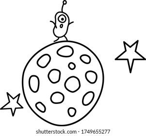 Cute funny aliens are standing on round moon, planet. Taking over the world. Emotions. Design element, icon on the theme of UFOs, space. Doodle vector outline illustration