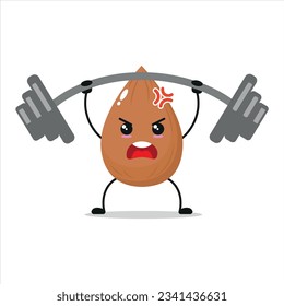  Cute and funny almond doing weightlifting. fruit doing fitness or sports exercises. Happy character working out vector illustration.