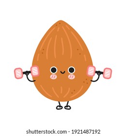 Cute funny almond make gym with dumbbells. Vector flat line cartoon kawaii character illustration icon. Isolated on white background. Almond workout character concept