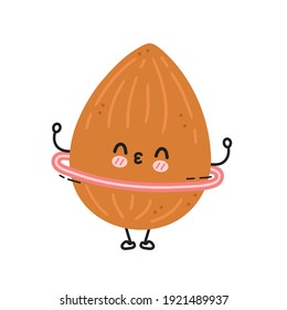 Cute funny almond make gym with hula hoop. Vector flat line cartoon kawaii character illustration icon. Isolated on white background. Almond workout character concept