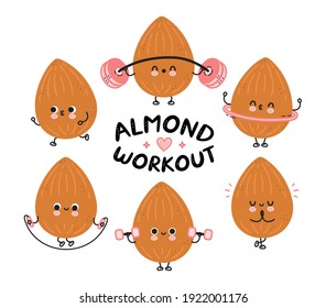 Cute funny almond make gym set collection. Vector flat line cartoon kawaii character illustration icon. Isolated on white background. Almond workout character bundle concept