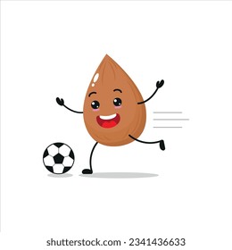Cute and funny almond play football. fruit doing fitness or sports exercises. Happy character soccer working out vector illustration.