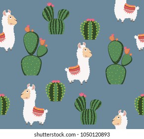 Cute funny alpaca with Cactus pattern