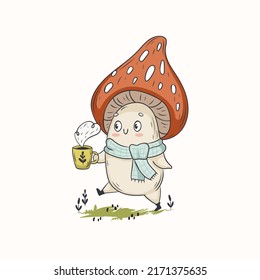 Cute funny amanita mushroom with cup of coffee . Vector isolated hand drawn cartoon kawaii character. Illustration for posters, T-shirt print, postcard, card, baby textile. 