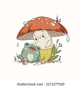 Cute funny amanita mushroom with frog . Vector isolated hand drawn cartoon kawaii character. Illustration for posters, T-shirt print, postcard, card, baby textile. 