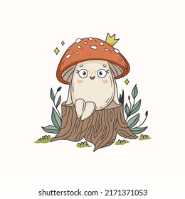 Cute funny amanita mushroom princess sitting on a stump . Vector isolated hand drawn cartoon kawaii character. Illustration for posters, T-shirt print, postcard, card, baby textile. 