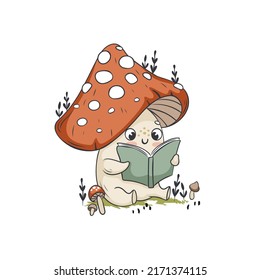 Cute funny amanita mushroom reading a book . Vector isolated hand drawn cartoon kawaii character. Illustration for posters, T-shirt print, postcard, card, baby textile. 