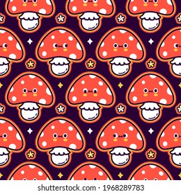 Cute funny amanita mushroom seamless pattern. Vector flat cartoon kawaii character illustration icon design. Trippy amanita mushroom and flowers seamless pattern concept
