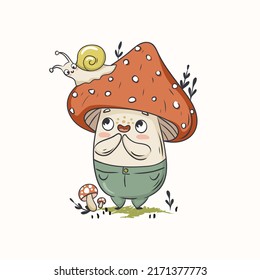 Cute funny amanita mushroom with snail . Vector isolated hand drawn cartoon kawaii character. Illustration for posters, T-shirt print, postcard, card, baby textile. 