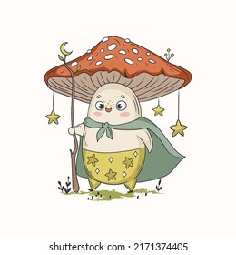 Cute funny amanita mushroom wizard . Vector isolated hand drawn cartoon kawaii character. Illustration for posters, T-shirt print, postcard, card, baby textile. 