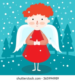 Cute funny angel with red hair on the winter background - vector illustration. 