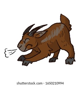 Cosa graciosa cabra marrón marrón enojada a punto de cargar en el estilo naive de la cliparte vector. Cabra alpina con cuernos. Kawaii graciosa ilustración de animales de granja. Doodle de ganado aislado. EPS 10. 