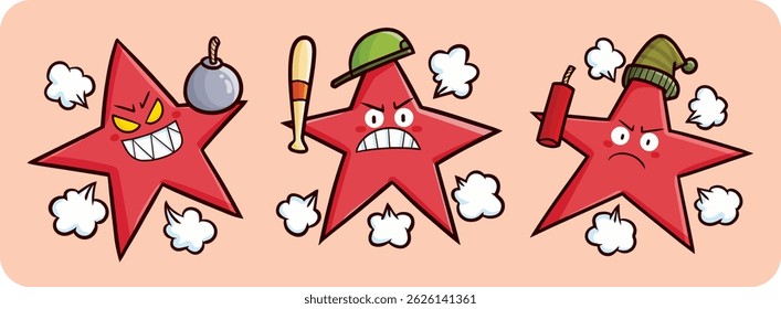 Cute and funny angry red star cartoon character illustration set	