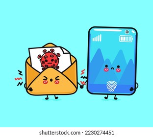 Cute, funny angry smartphone and letter with virus sign. Vector hand drawn cartoon kawaii characters, illustration icon. Funny cartoon smartphone and message mascot character concept