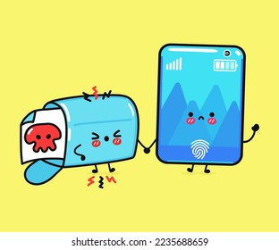 Un smartphone y un buzón de correo con inscripciones. Caricatura de kawaii dibujada a mano vectora, icono de ilustración. Caricatura divertida sobre el concepto de personaje de smartphone y mascota de mensajes