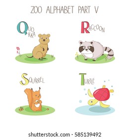 Cute funny animal colorful children zoo A-Z alphabet, page Q R S T with Quokka, Raccoon, Squirrel and Turtle, for learning English vocabulary. Vector illustration.