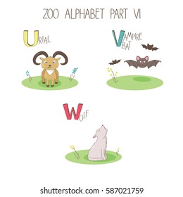 Cute funny animal colorful children zoo A-Z alphabet, page U V W with Urial, Vampire bat, and Wolf, for learning English vocabulary. Vector illustration.