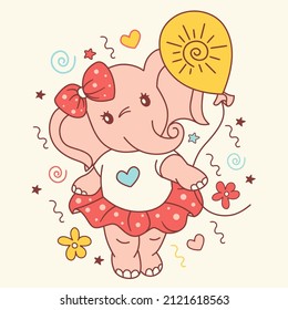 Cute and funny animal doodle illustration of elephant cub girl in dress lovely fun pink concept.Cartoon print, kids poster, can be used as fashion print for tee, t shirt, square post