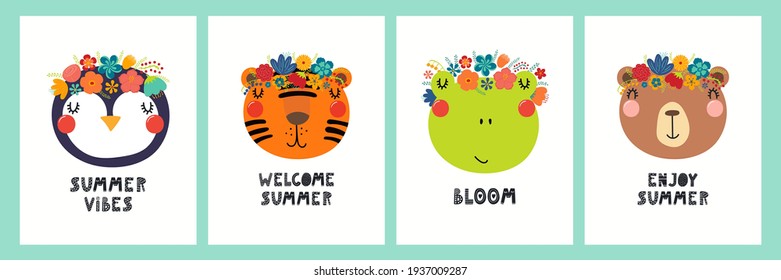 Cute funny animal faces in flower crowns, floral wreathes, quotes, posters, cards collection. Hand drawn vector illustration. Scandinavian style flat design. Concept for kids fashion, textile print.