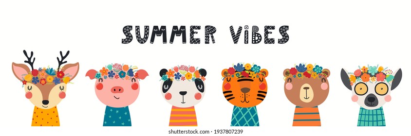 Cute funny animal faces in flower crowns, floral wreathes, isolated on white. Hand drawn vector illustration. Scandinavian style flat design. Concept for kids fashion print, banner, poster, card.