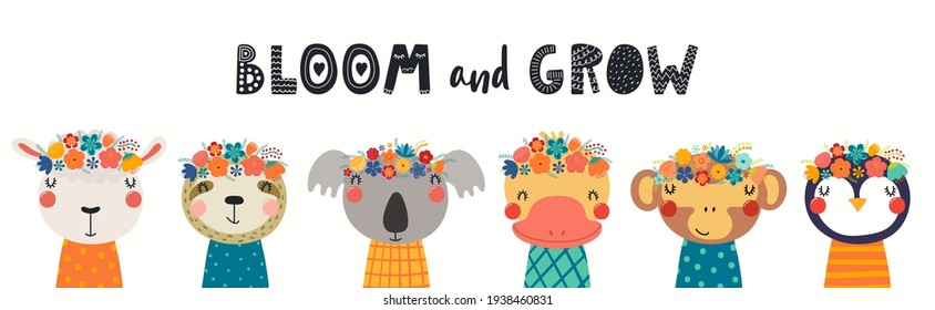 Cute funny animal faces in flower crowns, floral wreathes, isolated on white. Hand drawn vector illustration. Scandinavian style flat design. Concept for kids fashion print, banner, poster, card.