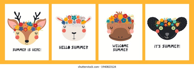 Cute funny animal faces in flower crowns, floral wreathes, quotes, posters, cards collection. Hand drawn vector illustration. Scandinavian style flat design. Concept for kids fashion, textile print.