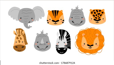 Caras o cabezas de animales raras y divertidas para la tarjeta de bebé, invitación, taza, camisetas. Elefante, tigre, cebra, león, hipopótamo, jirafa, rinocerontes, chita, leopardo. Conjunto de ilustraciones vectoriales aisladas.