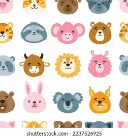 Cute funny animal faces, heads vector seamless pattern. Cartoon muzzles texture. Vector illustration for print on children's clothing, greeting cards, nursery, stationery, room decor