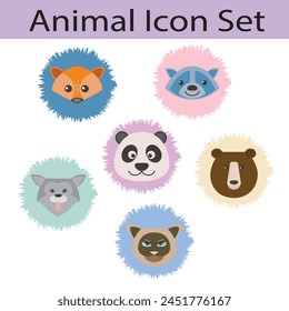  Cute Funny  Animal flat Vector illustration Icon Set wild animals, isolated on clean background
