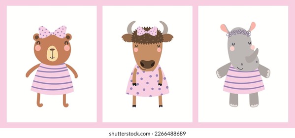 Cute funny animal girls, bear, bison, rhino, little princesses posters, cards collection. Hand drawn vector illustration. Scandinavian style flat design. Concept for kids fashion, textile print.