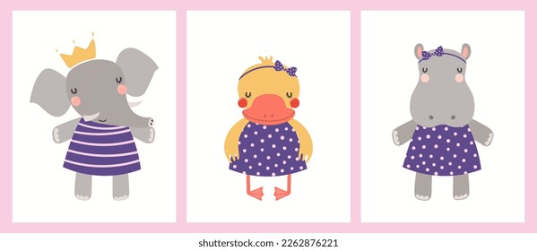 Muchachas animales graciosas, pato, elefante, hipopótamo, pancartas de princesas pequeñas, colección de tarjetas. Ilustración vectorial dibujada a mano. Diseño plano de estilo escandinavo. Concepto de moda infantil, impresión textil.