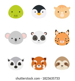 Cute funny animal heads. Wild cartoon animal characters for baby print design, kids wear, baby shower celebration, greeting and invitation card, wall decor. Flat vector stock illustration